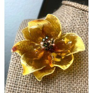 Vintage Honey Amber Celluloid Plastic Flower Green Rhinestones Large Brooch